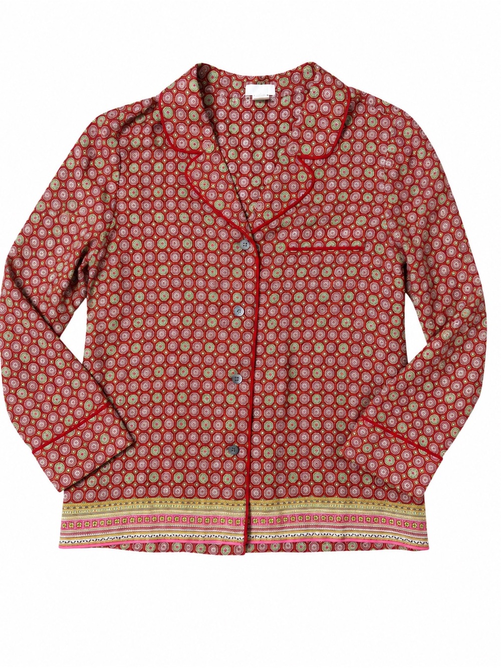 2012 J.Crew 100% Silk Printed Top Size 4 Red Medallion Button Front